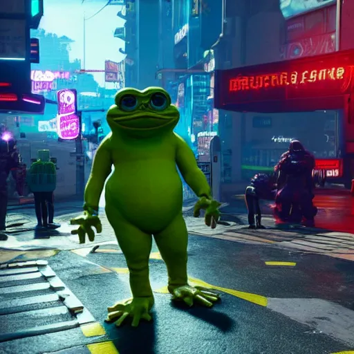 Image similar to pepe frog makes appearance in Cyberpunk 2077. CP2077. 3840 x 2160