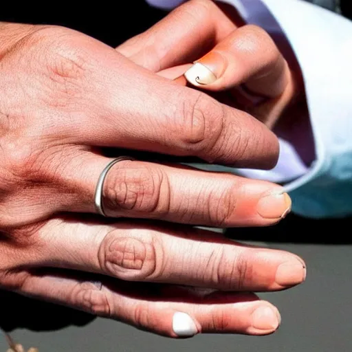 Image similar to normal man's hand with five fingers and a ring and a cigarette between the fingers