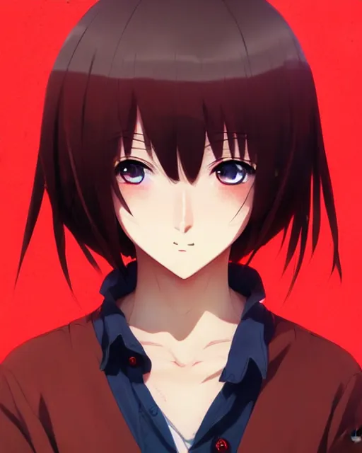 Image similar to beautiful anime woman, wearing full clothing red shirt brown pants, black and red hair hair, galaxy eyes, clockpunk, symmetrical face, symmetrical eyes, full round face, short smile, detailed, summer setting, cinematic lighting, makoto shinkai, artgerm, ilya kuvshinov, loish