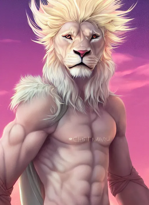 Image similar to aesthetic portrait commission of a of a male fully furry muscular anthro albino lion with a tail and a beautiful attractive hyperdetailed face wearing stylish and creative wearing pink and mint male crop top outfit in a sci-fi dystopian city at golden hour while it storms in the background. Character design by charlie bowater, ross tran, artgerm, and makoto shinkai, detailed, inked, western comic book art, 2021 award winning film poster painting