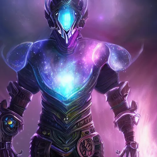 Image similar to photorealistic fantasy cosmic concept art of a cosmic god with armor made out of planets and dark matter, hovering in a unknown galaxy, fully body portrait, cinematic, dynamic lighting, ultra detailed, creative, trending on art station, stunning visuals, creative