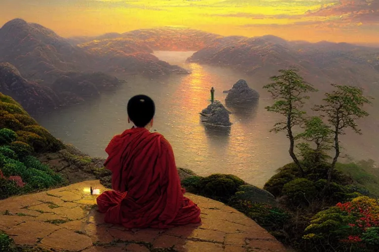 Prompt: a stunning painting of a woman zen monk on a seaside mountain overlook at sunset by thomas kinkade and john atkinson grimshaw, matte painting, moody palette