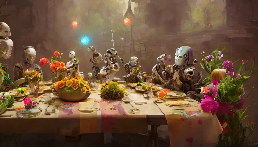 Prompt: a table dinner of robots where robots are dressed like the characters from the midsommar movie wearing flowers, realistic detailed digital art by maxwell boas jessica rossier christian dimitrov anton fadeev trending on artstation cgsociety rendered in unreal engine 4 k hq