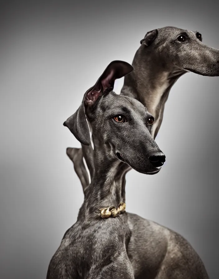 Image similar to an elegant portrait photo of a greyhound in the renaissance style, ultra detaile, 8 k, award winning, elegant lighting