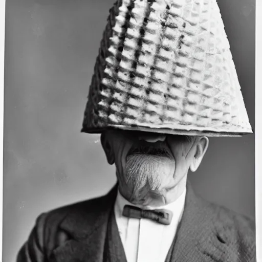 Image similar to detailed 1930s photograph of a wrinkled old man with a tall hat made of waffle cone, filled with huge scoops of real ice cream