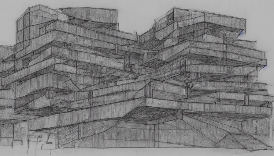 Image similar to big brutalist villain base, drawing architecture