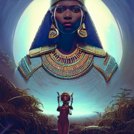 Image similar to highly detailed portrait of an african egyptian goddess, intricate alien technology, stephen bliss, unreal engine, fantasy art by greg rutkowski, loish, rhads, ferdinand knab, makoto shinkai and lois van baarle, ilya kuvshinov, rossdraws, tom bagshaw, global illumination, radiant light, detailed and intricate environment