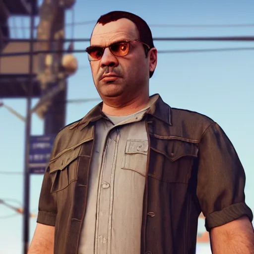 Image similar to “ portrait of gustav fringe in gta5, octane render”