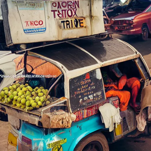 Prompt: old polaroids of futuristic african mobile market places in lagos traffic, side of taxi as fruit stand, digital advertising screens