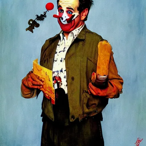 Image similar to Robin Williams as a sad clown painted by Norman Rockwell