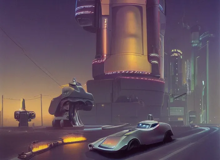 Image similar to a car driving down a street next to tall robot the night, cyberpunk art by Chesley Bonestell, cgsociety, retrofuturism, matte painting, reimagined by industrial light and magic
