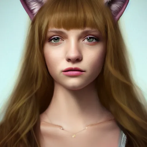 Image similar to Perfectly-Centered Portrait of a Young Woman Wearing Fake-Cat-Ears and t-shirt and shorts, intricate, elegant, super highly detailed, professional digital painting, artstation, concept art, smooth, sharp focus, no blur, no dof, extreme illustration, Unreal Engine 5, Photorealism, HD quality, 8k resolution, cinema 4d, 3D, beautiful, cinematic, art by artgerm and greg rutkowski and alphonse mucha and loish and WLOP