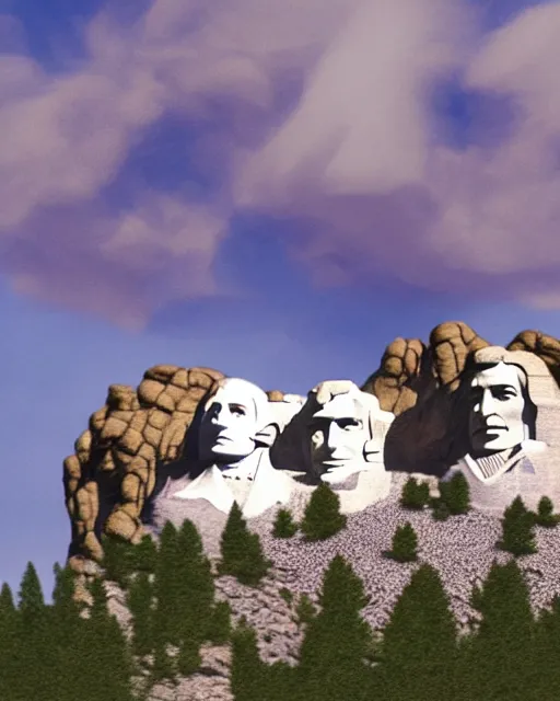 Image similar to painting of mount rushmore but with alan watts, epictetus and henry david thoreau, 3d render senior artist, photorealistic, textured, featured on artstation