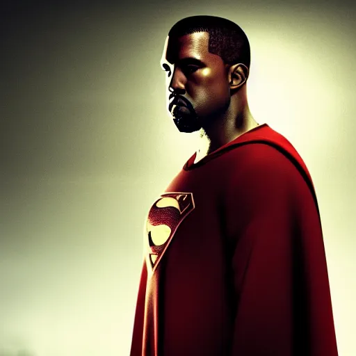 Image similar to Movie still of Kanye West as superman, splash art, cinematic lighting, dramatic, octane render, long lens, shallow depth of field, bokeh, anamorphic lens flare, 8k, hyper detailed, 35mm film grain