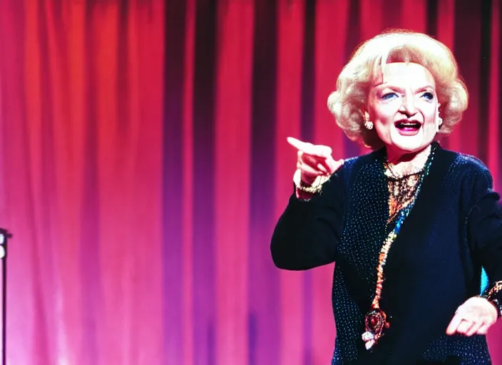 Image similar to publicity photo still of betty white as a gangsta rapper live on stage, 8 k, live concert lighting, mid shot