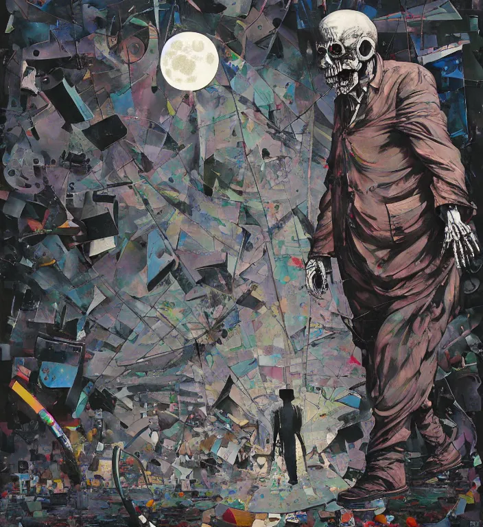 Image similar to decollage painting old man walking through the streets of ruined city under the huge moon with a skeleton shining through his chest by adrian ghenie and takato yamamoto and edward hopper and mark ryden and tsutomu nihei, part by bridget riley, acrylic pour and splashing paint, very coherent, baroque elements, perfect anatomy, intricate design. pop art.