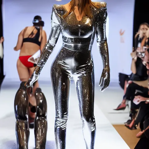 Prompt: photo, a giant monstrous huge creature wearing a shiny silver latex body suit, walking a runway