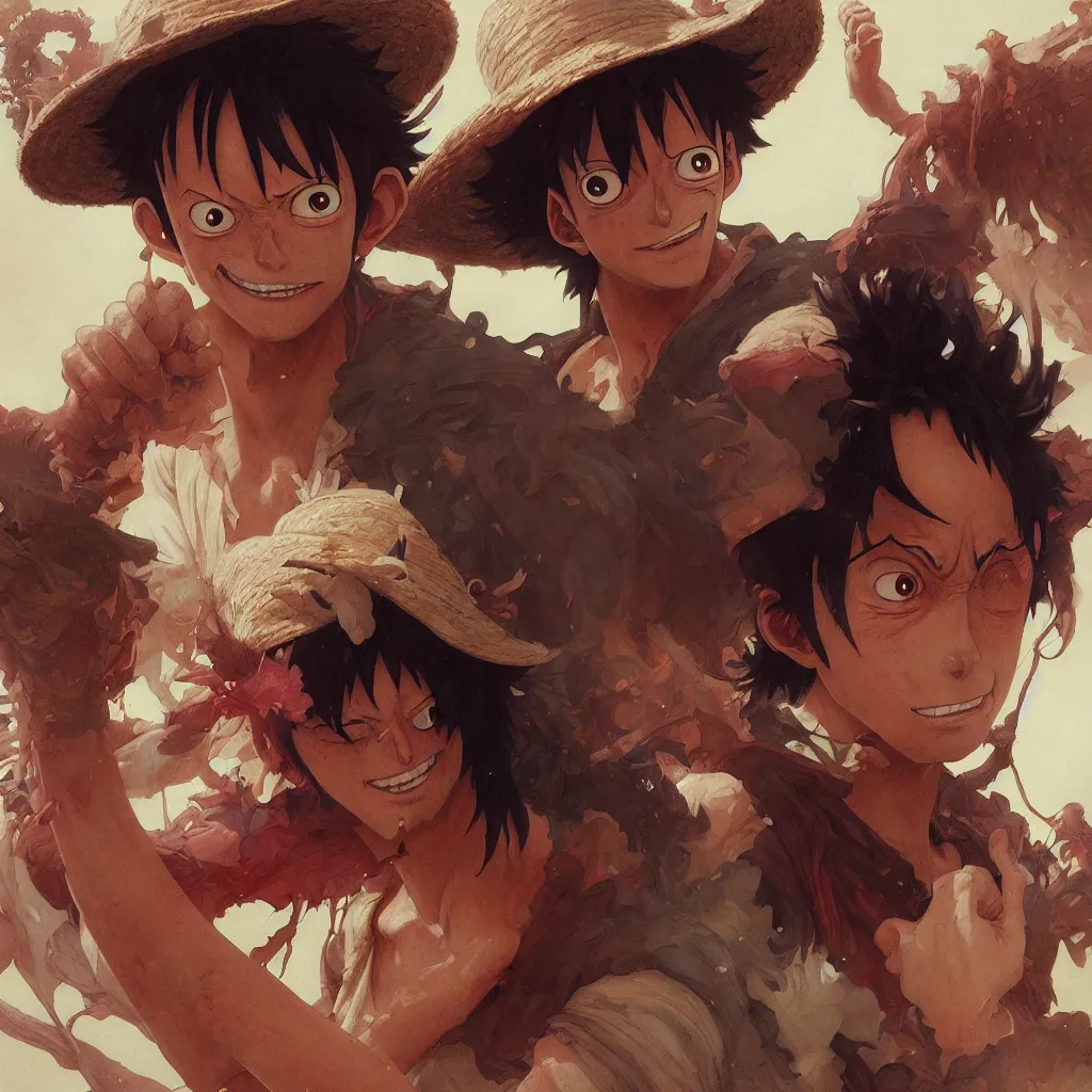 Image similar to highly detailed vfx portrait of monkey d. luffy, stephen bliss, greg rutkowski, loish, rhads, beeple, makoto shinkai, tom bagshaw, alphonse mucha, global illumination, sharp focus, art by artgerm and greg rutkowski, stanley kubrick, best of behance, cinematic lighting