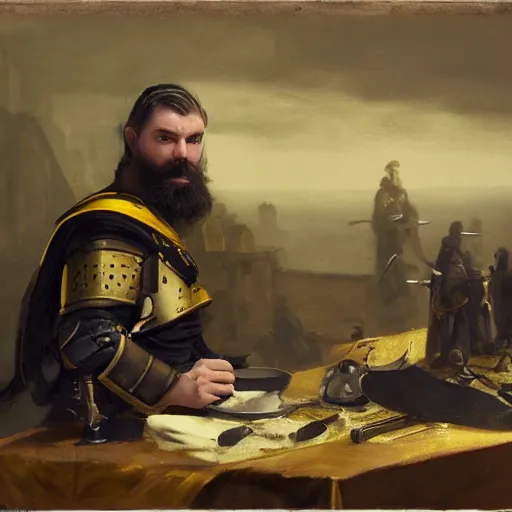 Prompt: Medium shot frustrated and acerbic male bearded Imperial soldier wearing a {black and yellow tabard} over a steel breastplate and a black gambeson leaning over a table, by Raymond Swanland Greg Rutkowski Lise Deharm, {perfect face}, {perfect eyes}, {perfect body}, {hands planted on table},