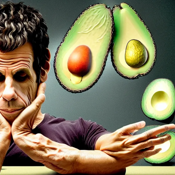 Image similar to ultra realistic illustration of ben stiller in the lotus position meditating with closed eyes, balancing stack of avocado on his head