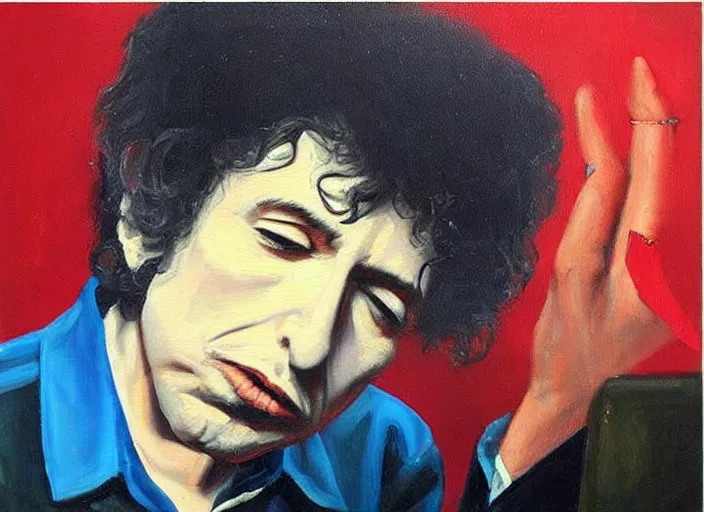 Image similar to “an oil painting of bob dylan doing an impression of Elvis”