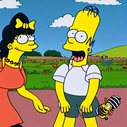 Image similar to Dogs with Bees in Their Mouths and When They Bark They Shoot Bees at You, Still from The Simpsons