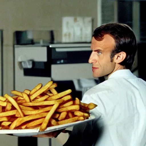 Prompt: Emmanuel Macron wearing fries tee-shirt in American Psycho (1999)