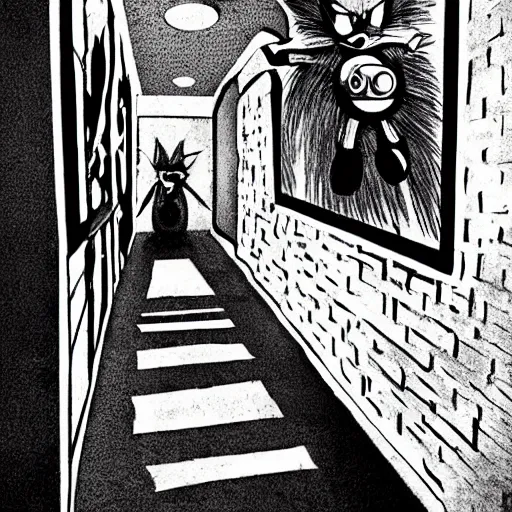 Image similar to sonic the hedgehog, creepy, horror, off - putting, dark, hallway, photo, paranormal