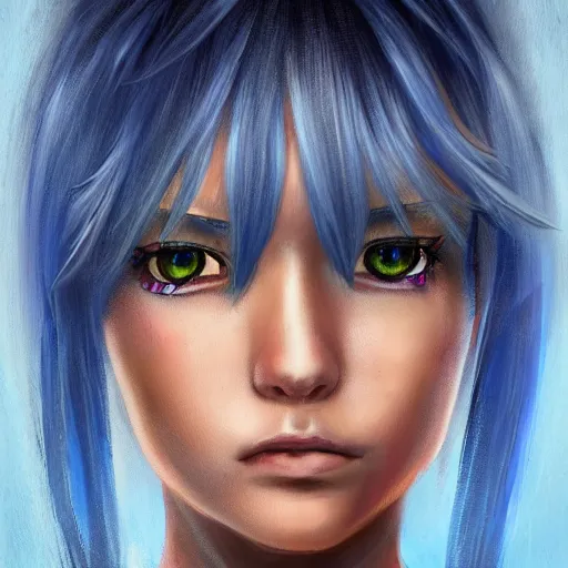 Image similar to full face shot of rimuru tempest, sky blue straight hair, long bangs, with amber eyes, wearing a blue sleeveless shirt, ultra detailed, brush strokes, digital painting, cinematic, wlop artstation, closeup, pixiv, intense, intimidating glare, no makeup, photorealistic, overpowering, andy warhol,