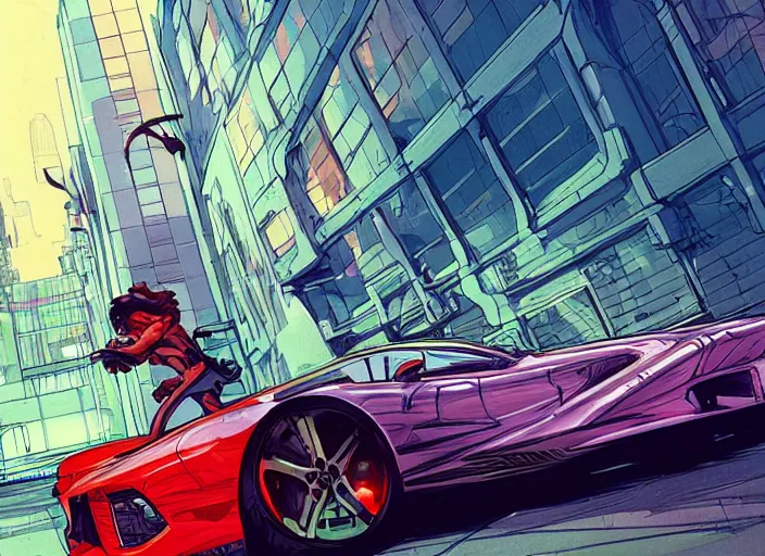 Image similar to a sport car in a city, sharp focus. cinematic pose, cinematic lighting, art by josan gonzales and moebius and deathburger.