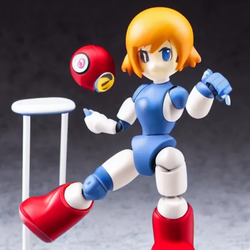 Prompt: photo of figma figures in a diorama : : roll is repairing computers in dr. light's laboratory. roll is a cute female ball - jointed robot ( in the style of mega man ) who has blonde hair with bangs and a ponytail tied with a green ribbon. she is wearing a red one - piece dress with a white collar, and red boots.