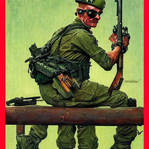 Image similar to soldier and comrads and pepe the frog by norman rockwell