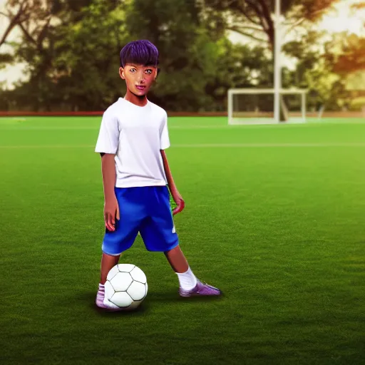 Image similar to a young boy wearing soccer clothes in the park, digital art