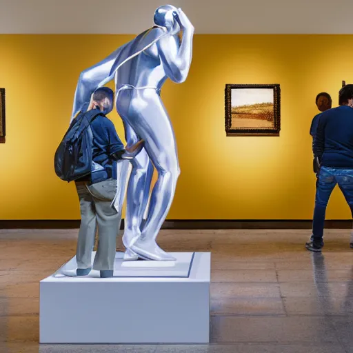 Prompt: perspective altered men stood in an art gallery, staring at a sculpture made by alien jeff koons, hd photorealism, 7 0 mm lens w 1 0 2 4 h 7 6 8