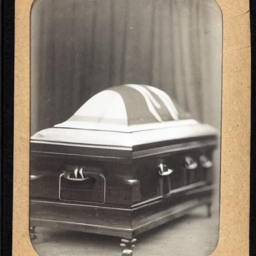 Image similar to cabinet card photo of an open casket funeral