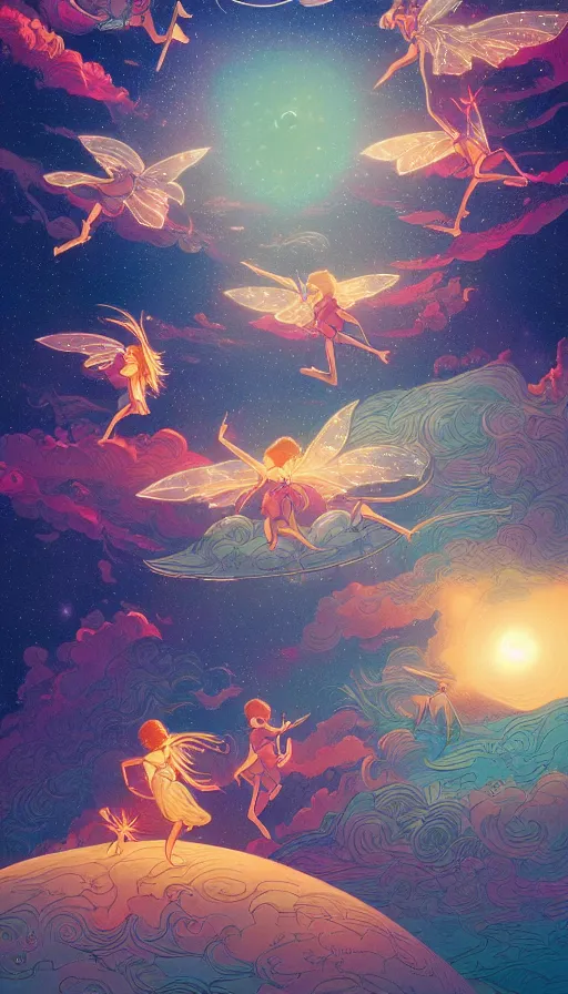 Image similar to little luminous fairies lounging on top of cosmic cloudscape at sunset, futurism, dan mumford, victo ngai, kilian eng, da vinci, josan gonzalez