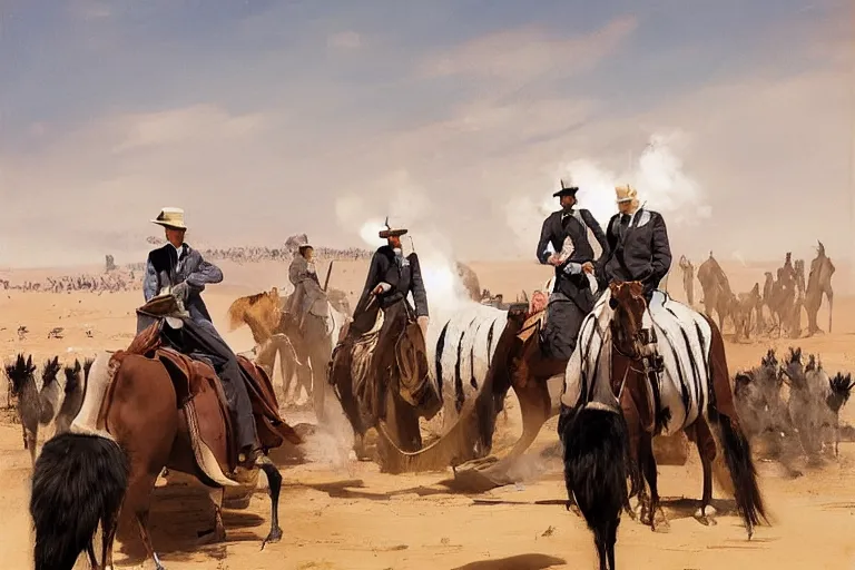 Image similar to portrait of a respectable dignified royal business elite politicians in top hats and coat tails riding on ostriches in the sahara desert throwing vanilla icecream cones at each other, art by anders zorn, wonderful masterpiece by greg rutkowski, beautiful cinematic light, american romanticism by greg manchess, jessica rossier