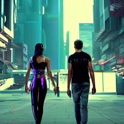 Image similar to photo of teenagers traveling between multiverses in cyberpunk future city