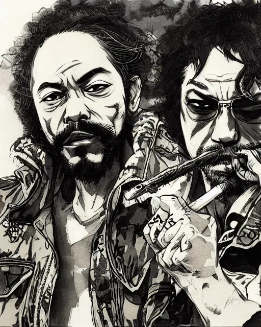 Image similar to portrait of cheech and chong smoking blunts, concept art, sumi - e style, intricate linework, artstation, trending, highly detailed, smooth, focus, art by yoji shinkawa,