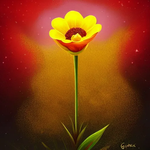 Image similar to Not often, but occasionally. A star is born in a flower. Nestled in a soft bed of pollen and petals it can grow in the most unlikely of places. Just waiting for a lucky creature to find it,night star sky background Galaxys, red and yellow flower by Gediminas Pranckevicius