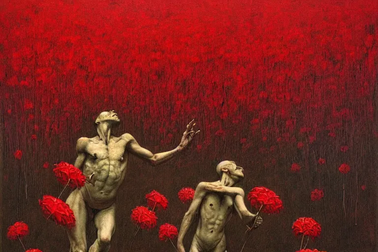 Image similar to only with red, red flowers of different types, a castle in the background, red orcs and trolls dance over the flowers, in the style of beksinski, part by hopper, part by rodcenko, part by hofbauer, intricate composition, red by caravaggio, insanely quality, highly detailed, masterpiece, red light, artstation