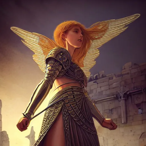 Prompt: An illustrationof a portrait of a young Knights of Zodiac girl, wings, fighting at ancinet Agora of Athens, ruins, cyberpunk cathedral, Golden Light, 8K, illustration, art by artgerm and greg rutkowski and alphonse mucha, volumetric light, lightrays, smoke, cinematic, atmospheric, insanely detailed and intricate, hypermaximalist, elegant, super detailed