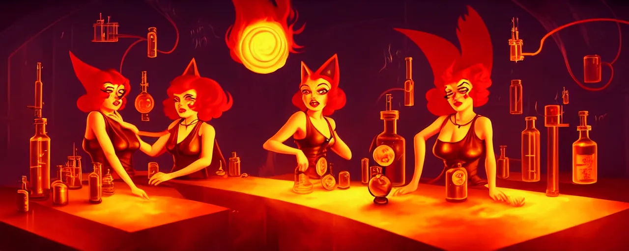 Image similar to uncanny alchemist catgirls in a fiery alchemical lab, dramatic lighting, surreal 1 9 3 0 s fleischer cartoon characters, surreal painting by ronny khalil