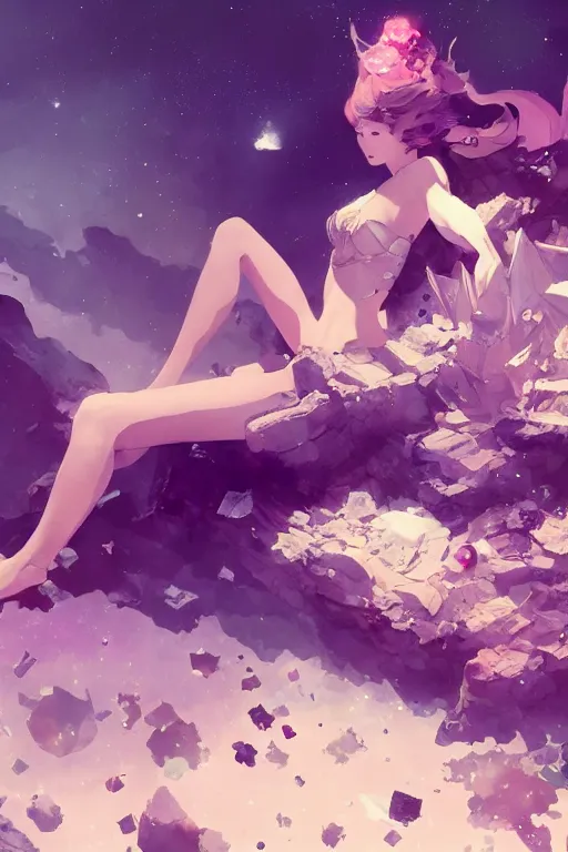 Image similar to A beautiful whimsical woman sitting on a bed of crystals below planets, cinematic lighting, dramatic atmosphere, by Dustin Nguyen, Akihiko Yoshida, Greg Tocchini, Greg Rutkowski, Cliff Chiang, 4k resolution, trending on artstation