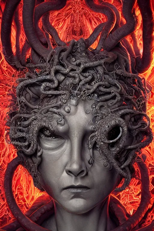 Image similar to medusa fused with a demon of dante´s inferno, photo, portrait, 3d, grotesque, terrifying, high details, intricate details, by vincent di fate, artgerm julie bell beeple, 90s, Smooth gradients, octane render, 8k, High contrast, duo tone, depth of field, very coherent symmetrical artwork