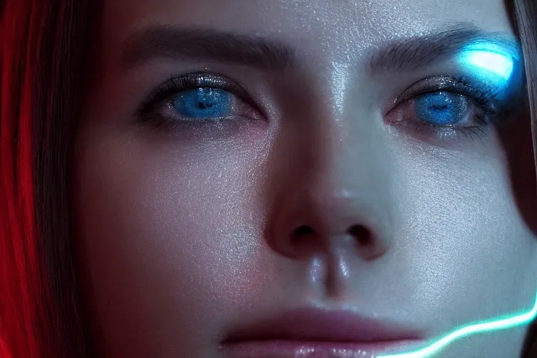 Image similar to VFX movie of a futuristic cyborg closeup portrait in high tech compound, beautiful natural skin neon lighting by Emmanuel Lubezki