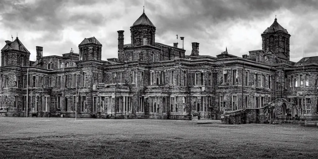 Image similar to Lunatic Asylum, exterior, majestic, detailed, epic scenery, dark fantasy, ominous, eerie