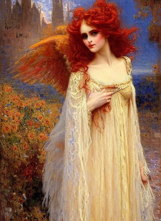 Image similar to vertical prtrait of an angel knight gothic girl, baroque dress. by gaston bussiere