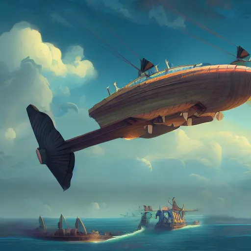 Prompt: a large 1 8 th century pirate airship flying among the clouds, soaring through the sky, airship, digital art, pirate ship, vivid colors, artgerm, james gilleard, beautiful, highly detailed, intricate, trending on art station
