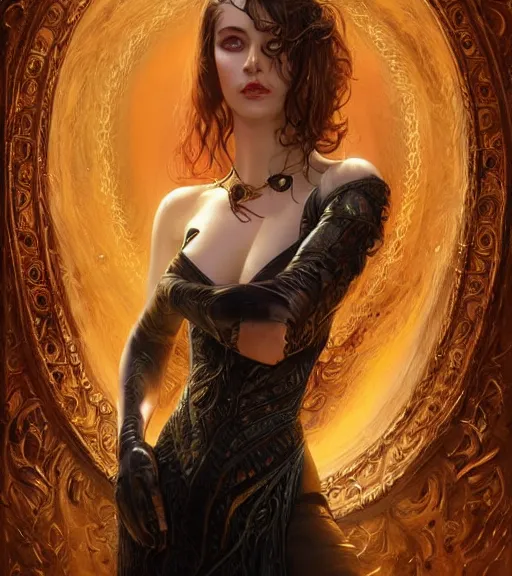 Prompt: a higly detailed full body shot portrait painting of a female sorceress with piercing beautiful eyes, dynamic lighting, ambient lighting, deviantart, art by artgerm and karol bak and mark brooks